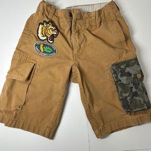 GAP KIDS KHAKI/CAMO SHORTS WITH CALIFORNIA and TIGER PATCHES SIZE 12